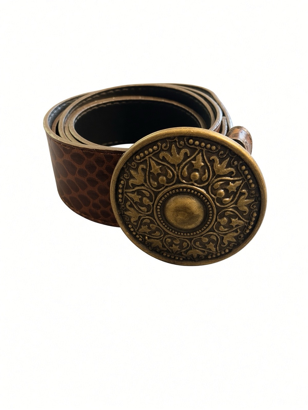 Brown Faux Leather Snake Skin Print Women’s belt W/Ornate Brass Medallion Buckle